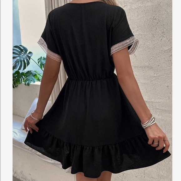 Boho Sheer Mesh Crochet Lace Flounce Sleeve Ruffle Dress - Picture 8 of 15